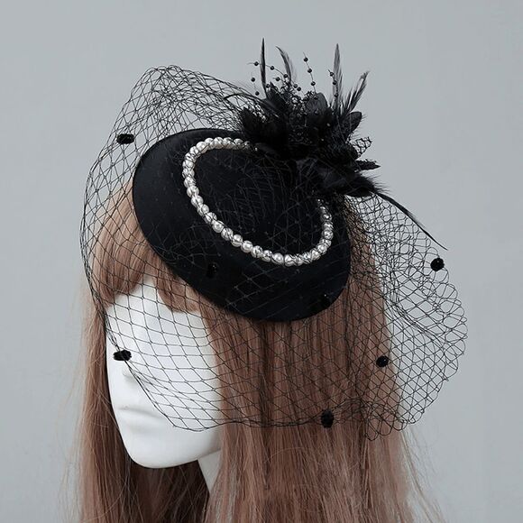 🖤 Pinup Accessory 1950s Retro Vintage Fascinator Black Pillbox Pearl Veil Hat - Picture 8 of 14